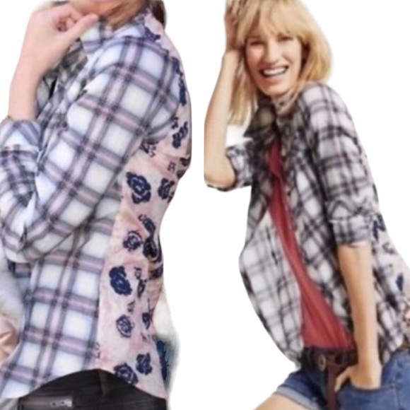 CAbi Tops - EUC CAbi Mixed Plaid and Floral Button Down Long Sleeve Top